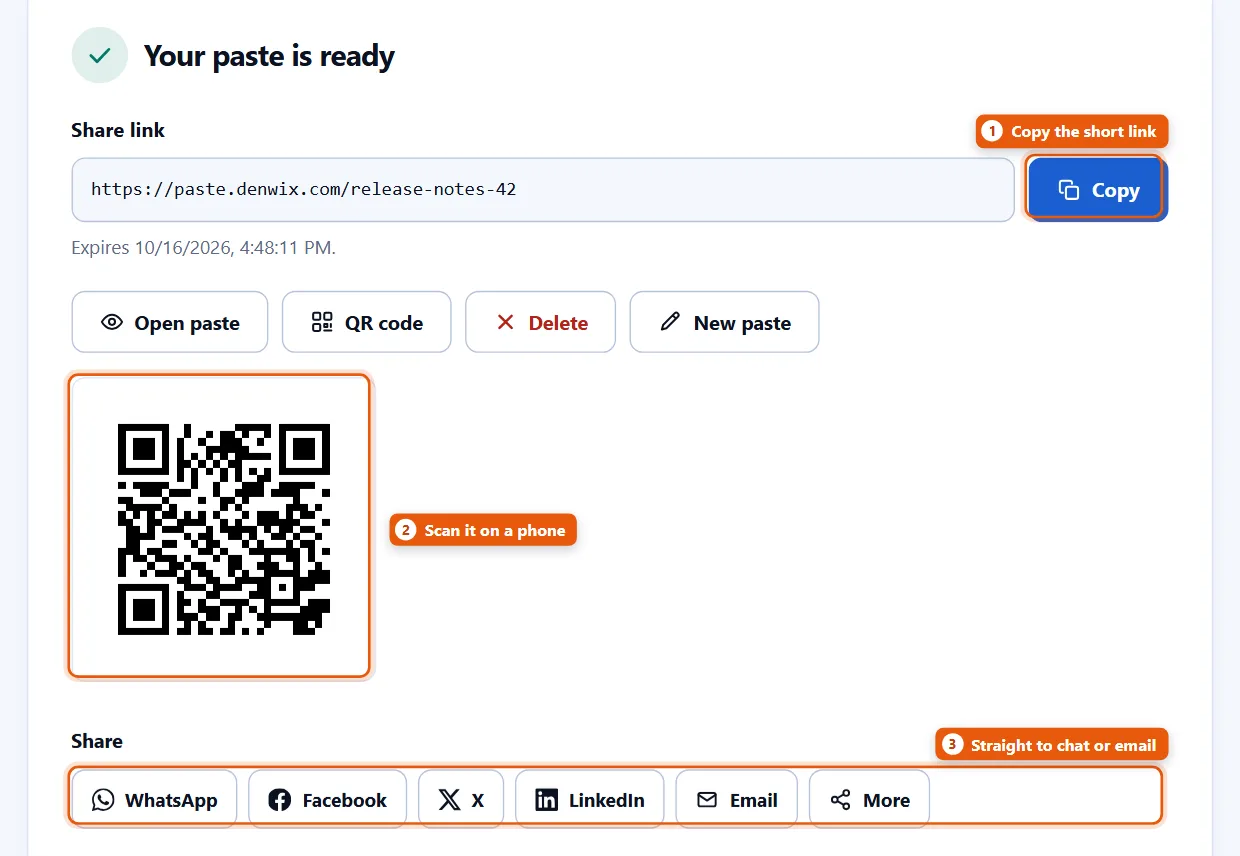 Ergebnis: der Kurzlink mit Kopieren-Knopf, ein QR-Code und Knöpfe zum Senden an Chat oder E-Mail